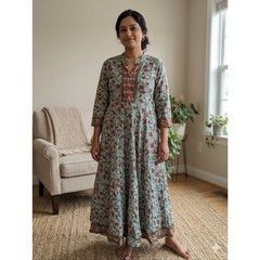 Boho Floral Maxi Dress Large Green Indian Cotton Gauze Kurta Cottagecore