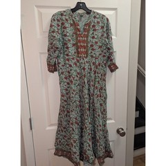 Boho Floral Maxi Dress Large Green Indian Cotton Gauze Kurta Cottagecore
