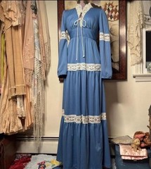 Vintage 1970’s Cottage Core Prairie Maxi Dress Blue Romantic Medium