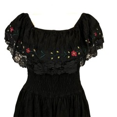 Vintage 1970s Mexican Black Peasant Dress Flounce Lace Neckline Floral Embroider