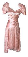 S Pink Sateen Lace Waterfall Dress Puffy Sleeve Ruched Drop Waist Asymmetrical