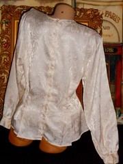 11 L Ivory White Satin Full Button Back Blouse Jabot Flounce Bib & Silk Scarf