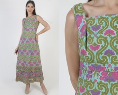 Vtg 60s Design Thai Print Dress Mid Century Mod Ethnic Long Cotton Sundress