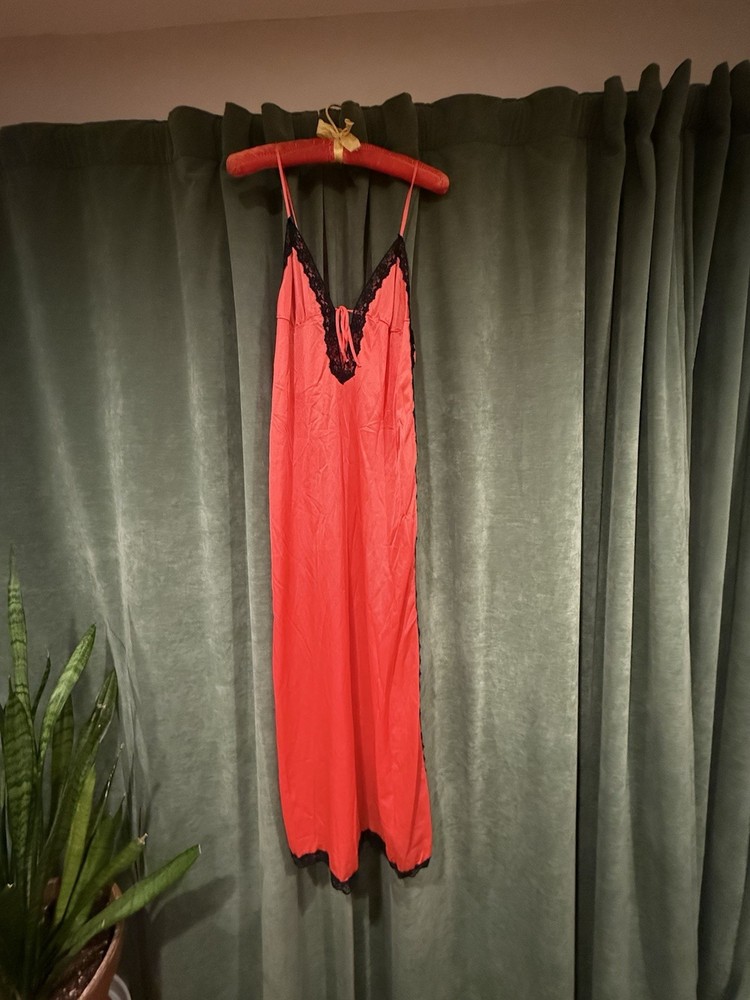 Vintage MCM 70’s Red-orange and Black Full Length Slip Lingerie