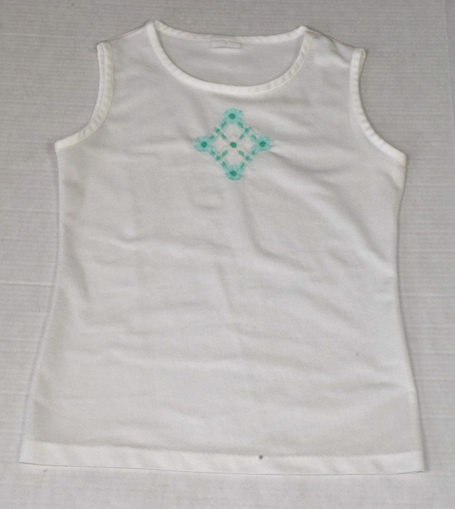 Vintage Sleeveless Top Size S 60s White Turquoise Lace Diamond Applique