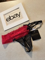 Frederick’s of Hollywood Crotchless Panties XL Red Lace Black Bow Seduction NWT