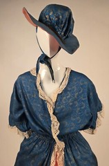 1920’S 3 PC GOLD STENCIL POLONAISE COSTUME DRESS W MATCHING HAT IN 18TH C STYLE
