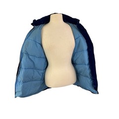 Vintage Royal Blue Velvet Puffer Jacket Hood Metallic Silver Trim, Parka, Medium
