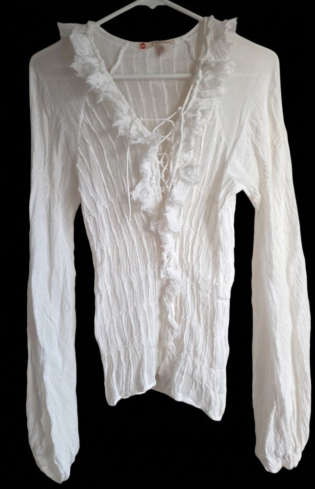 VTG Michiko Koshino Ruffle Lace Up Blouse Made In Italy White Cotton Y2K Sz 40