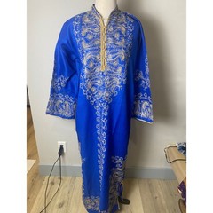 Vintage 60s Royal Blue Gold Embroidered Kaftan Hippie Boho Maxi Dress Paisley