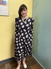 Vintage 90s Michelle Stuart NavyFeather Print Crinkle Rayon Dress Pockets USA M