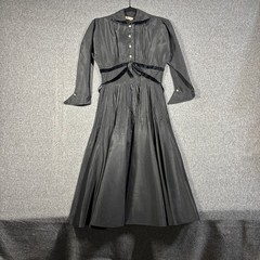 Americana Fashion Vintage Black Taffeta Velvet Trim Midi Dress Womens Small