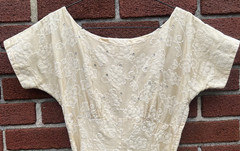 VINTAGE 1950’s IVORY COTTON W/ WHITE FLORAL FLOCKED DESIGN & RHINESTONES DRESS