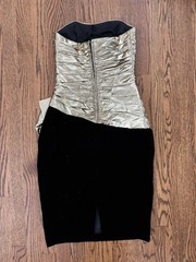 Vintage 1980’s 1990’s A.J. Bari Gold Lame Ruched Bustier Fitted Dress Huge Bow
