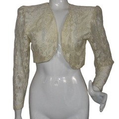 Vintage 80s NUANCE Dress/Jacket Set, XS, Lace, Yellowed, Ruffle Skirt, Bolero