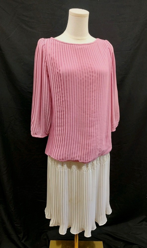 80s Vintage Dress Lizzy & Johnny Lucero Crystal Pleat Drop Waist Pink White 5/6