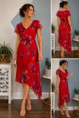 Donna Ricco Floral Chiffon Dress 8 Pink Red Lily Hanky Hem Wedding Guest Y2K