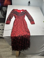VTG Lilia Smitty Red/Black Lace Fringe Western Goth Long Gown/Dress Size 3/4