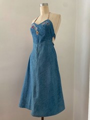 Vintage 1970s Denim Halter Dress with Appliqué Halter Open Back Extra Small XS
