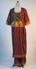 PATTERNED SILK SATIN DRESS GOLD METALLIC TRIM AND WITH SEQUINS 1930s