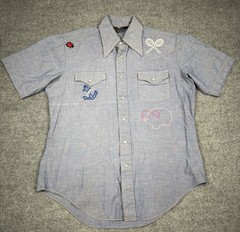 VTG 70s Sears Western Wear Pearl Snap Shirt Womens M Blue Chambray Embroidered