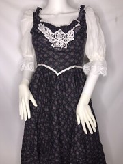 Vintage 1970s Gunne Sax Floral Prairie Peasant Black Corset Dress XS 5 7 Cottage