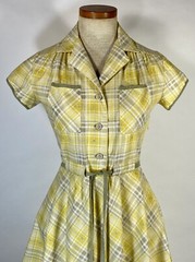 Vintage 1960’s COTTON yellow & grey check plaid shirtdress with belt Petite-size