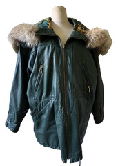 Jacqueline Ferrar Forest Green Leather Parka Coat Women’s Large Coyote Fur Hood