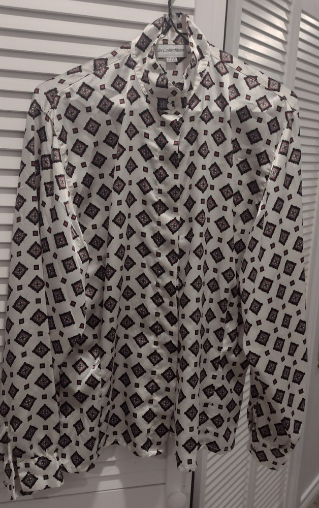 VTG JH COLLECTIBLES White Blouse 8 GUC Black Red Diamond Foulard Long Sleeve