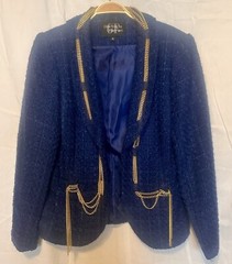 Vintage Giancarlo Ferrari Jacket Royal Blue Gold Metal Chains 10 Tweed Satin Lin
