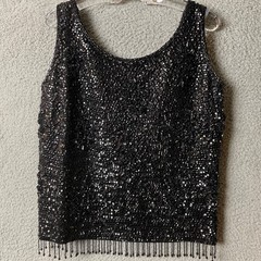 Vintage Black Sequin Beaded Fringe Tank Top Meduim Wool Evening Elegant 60s VTG