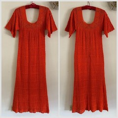 1970s Mexican Crochet Lace Maxi Dress Orange Cotton Boho Huipil XS S Vintage