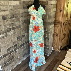 70s VTG Nalii Honolulu Halter Maxi Dress Floral Tropical Hawaiian Size S #61E7