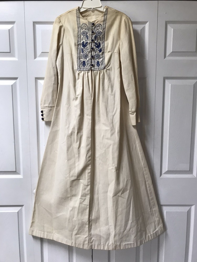 Antique Ethnic Handmade Linen Blend Long Dress Embroidered Caftan Folk Unique