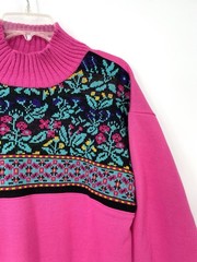 Vintage 80s 90s Pink Oversized Knit Floral Crewel Needlepoint Sweatshirt Top Med