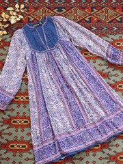 VTG Indian Tissue Cotton Gauze Block Print Peasant Dress Star of India Blue