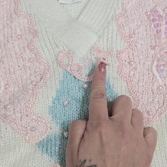 VTG 1980s Sheseido Pastel Sweater M White Blue Pink Lurex Chenille Pearls Fairy