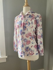 38-44 Lady Knitmakers Vintage 1970/80s Multi Color Floral Long Sleeve Button Top