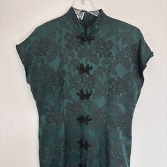 Vintage La Belle Womens Asian Midi Dress 10 Green Print 90s USA Frog Fastener