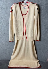 Vintage Richtone NY Dress Sweater Set Womens M/L Cream Knit Red Blk Pom Poms VTG
