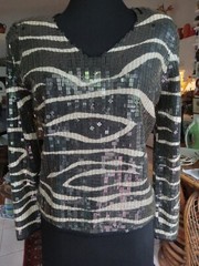 Vintage Adrienne Vittadini Black Grey MOD Sequined Sz L-Sweater Party Top