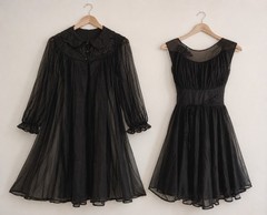 Vintage Black CHIFFON Teddy Gown Peignoir Set Shadowline Gothic Babydoll sz 34