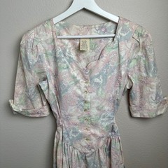 Floral Vintage Prairie Cottagecore Midi Dress Sm Pastel Pink Blue Dropped Waist