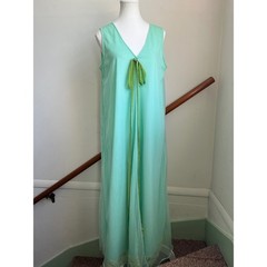 Vintage Maxi Nightgown Dress Mint Green Velvet Ribbon Lace Trim Ethereal MCM