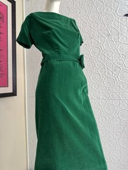 1960d green velvet dress set skirt top bow midcentury retro small