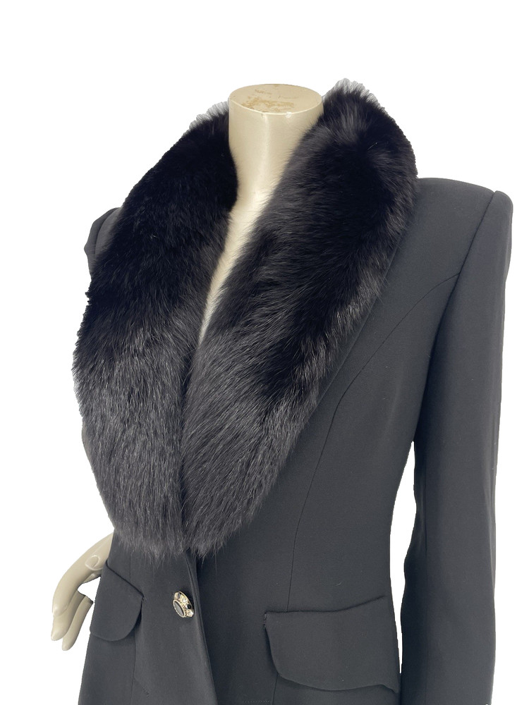 Vintage 90s Alberto Makali Black Fox Fur Collar Power Shoulder Blazer Jacket sm