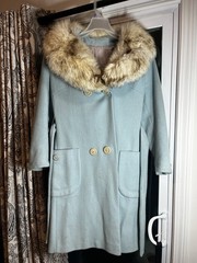 Vintage 1960s-1970s Ice Blue Wool Coat With Real Fox Fur Collar Floating Drape