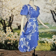 Vintage Faux Wrap Style Dress Sky Blue White Floral Print Fluttery Sleeves Gown