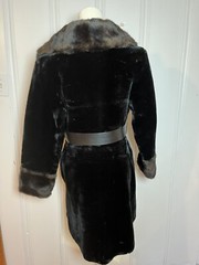 Vintage Sears Fashions Fur Coat Size 10 Black With Brown Collar Belted FAST SHIP