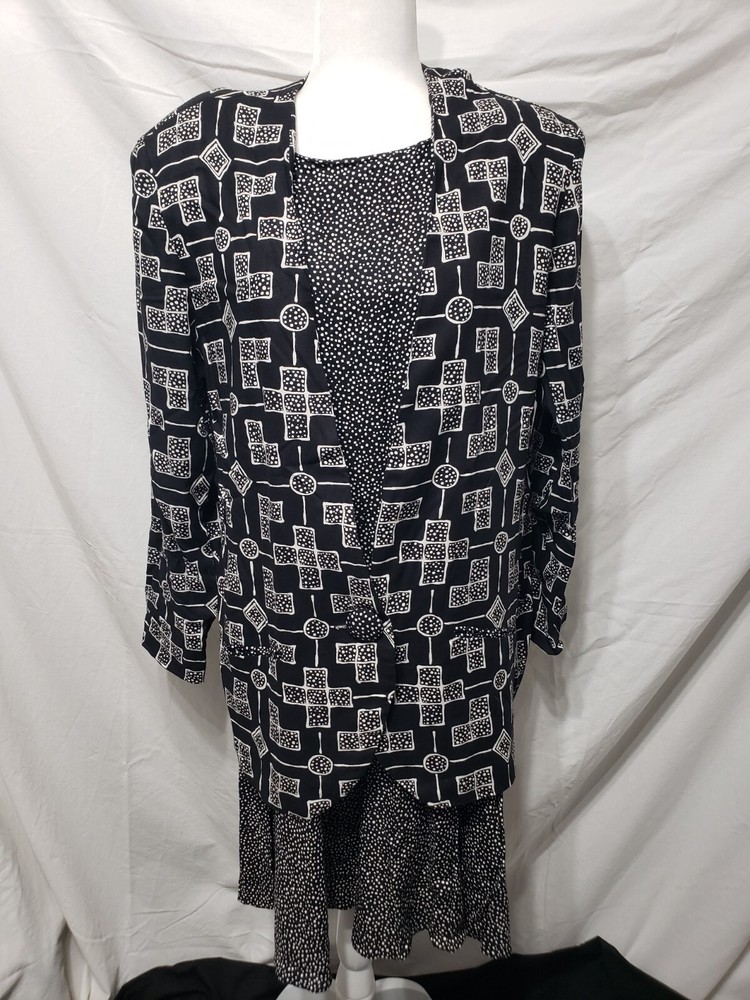 BGB LTD Vtg 80s Black White LS Dress & Jacket Women’s Sz 14 Rayon Dry Clean